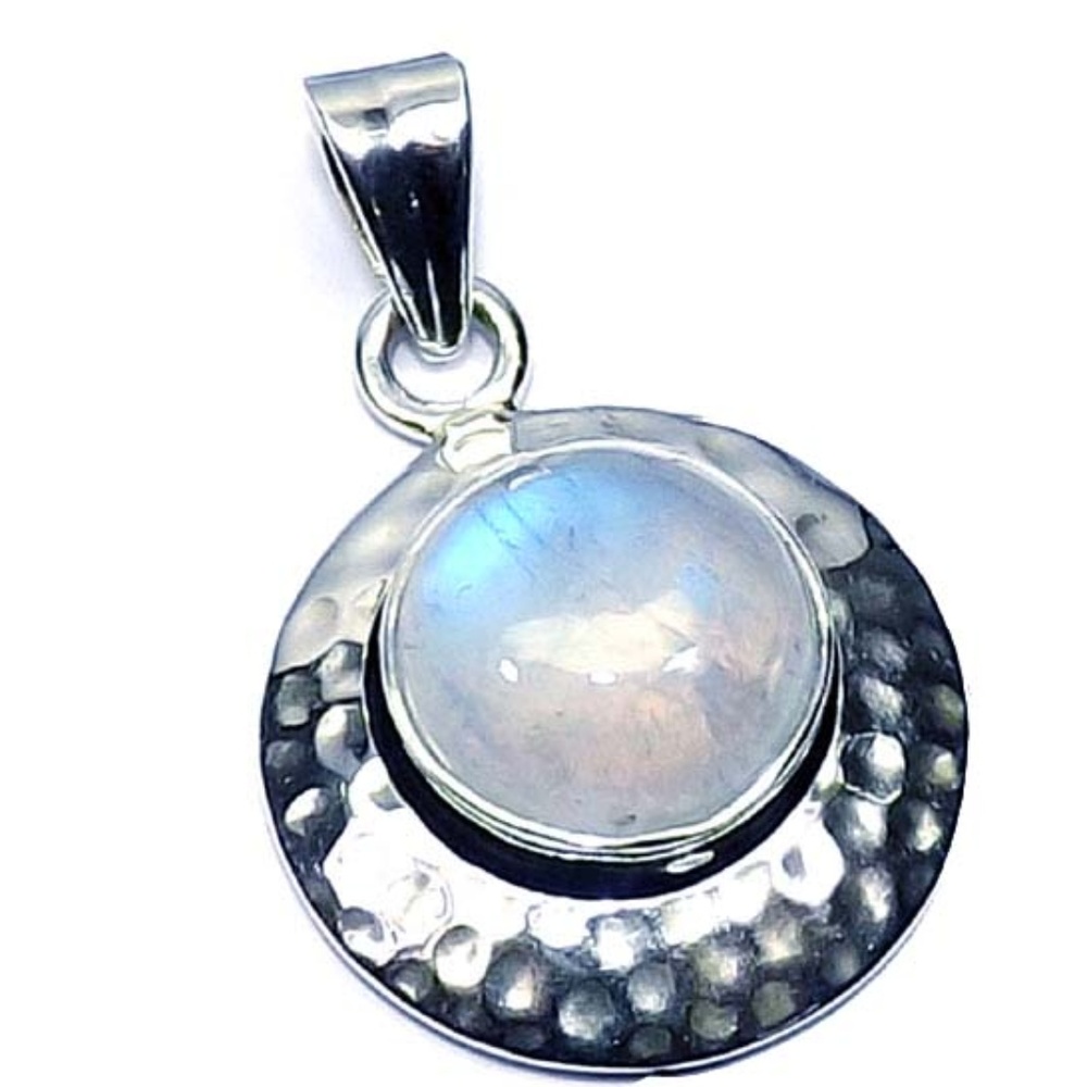 Hammered Sterling Silver Rainbow Moonstone Pendant
